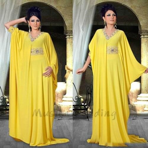 Arabski Dubai Abaya kaftan Evening Dresses Sexy V Neck Beaded Morrocan Yellow Long Prom Dress With Beaded Spandex Formal Dress