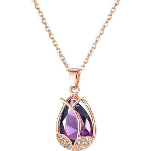 Fashion Purple Cubic Zirconia Flower Pendant Necklace for Women Titanium Steel Clavicle Chain Choker Female Accessories Gift