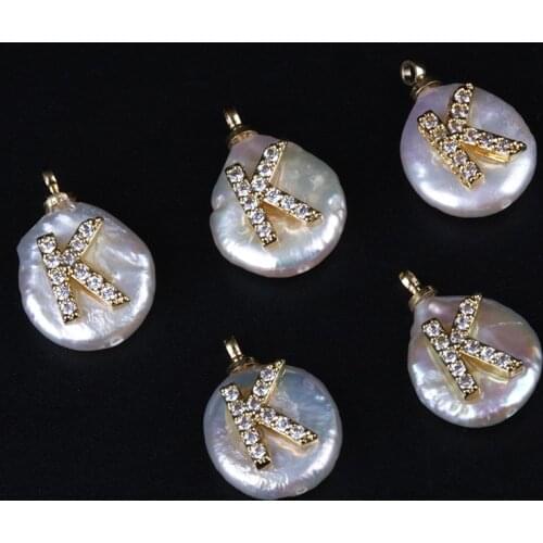 Gold initial 26 alphabet letter A-Z ABC charm pave white CZ crystal freshwater pearl pendant for DIY Jewelry gift