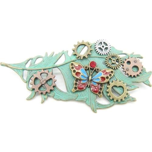 2018 Cykopv Original Design Vintage Green Feather with DIY Gears Steampunk Broach