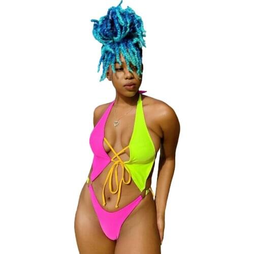 2021 Sexy Women Bikinis One Piece Bodysuit Swimwear Color Patchwork Summer Beach Holiday Clothes For Women Push Up Bathing Suits