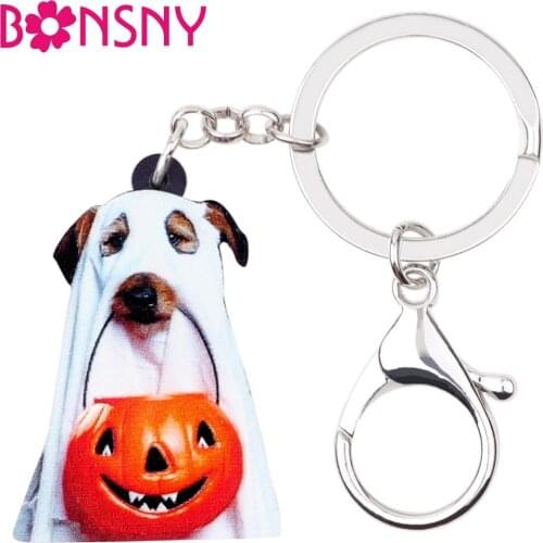 Bonsny Acrylic Halloween Dog Ghost Pumpkin Key Chain Keychain Ring Cute Animal Jewelry For Women Girls Car Bag Purse Charms Gift