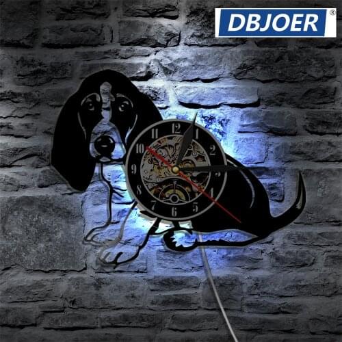 Basset Dog Vinyl Record Wall Clock Animals Modern Vintage Wall Art LED Light Timepiece Handmade Gift For Dog Lover Clock
