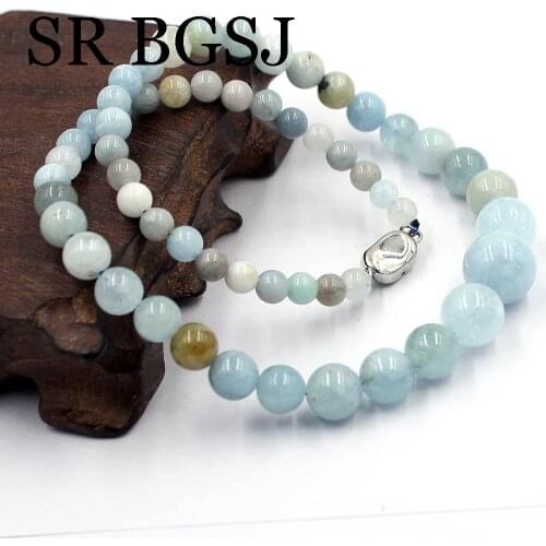 Free Shipping 6-14mm Mixed Aqua Natural Gems Stone Graduated Beaded Women Jewelry Necklace 18"