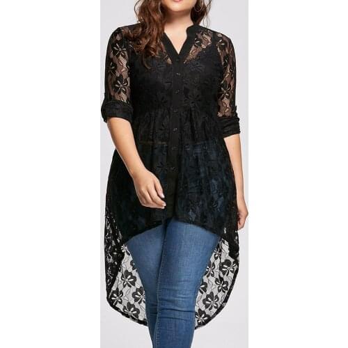 Plus Size 5xl Lace Shirt Perspective Button Up Blouse Women Solid Top Blouse V Neck Long Sleeve Loose Shirt Casual Female Tops
