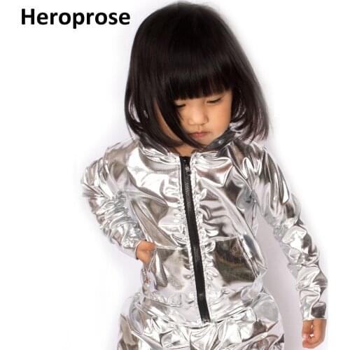 Spring Autumn Kids Silver bomber Jacket Stage Performance Wear paillette feminina casaco Hip Hop dance coat