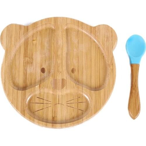 Baby Infants Natural Bamboo Bowl Spoon Set Cartoon Animal Divided Dinner Plate