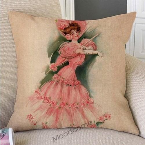 European Victorian Era Fashion Lady Beautiful Dress Pretty Girl Elegant Home Decorative Art Sofa Pillow Case Linen Cushion Cover