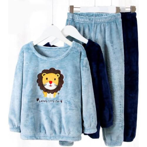 2PC/Sets Flannel Pajamas for Baby Boys Sleepwear Autumn Winter Teens Long Sleeve Cartoon Pyjamas Kids Lion Embroidery Nightwear