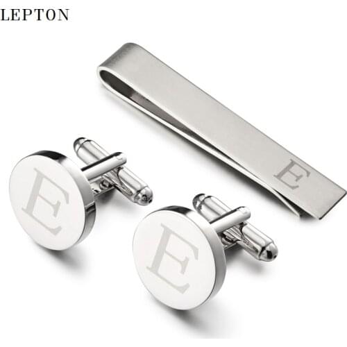 Hot Sale Round Letters E Cufflinks for Mens Silver Color Letters E of alphabet Cuff links & Tie Clip Set Men Shirt Cuffs Button