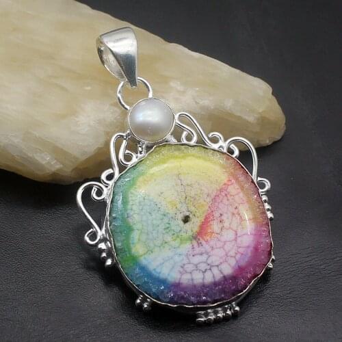 Hermosa Natural Unique Solar Quartz Pearl Charms Necklace Pendant For Women 2 3/4 Inches NY1266