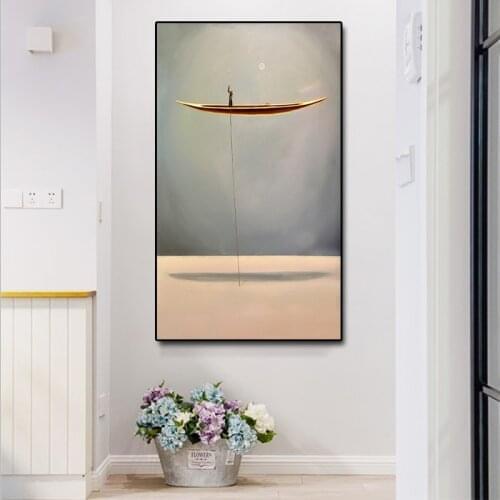 New Chinese Style Golden Boat Natural Landscape Creative Canvas Paintings Cheap Wall Art Pictures For Living Room Home Decor
