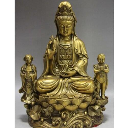 China Buddhism Brass Copper Two Boys Bodhisattva Kwan-Yin Guan Yin Buddha statue