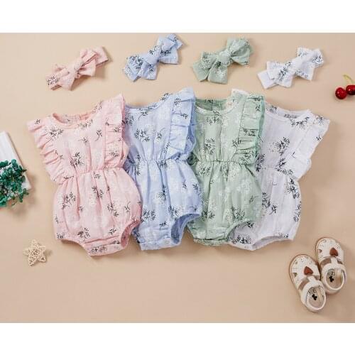 2Pcs Lovely Baby Girls Rompers Outfit Summer Floral Fly Sleeve Jumpsuits+ Bow Headwear Rufflles Playsuits For Toddler Girls