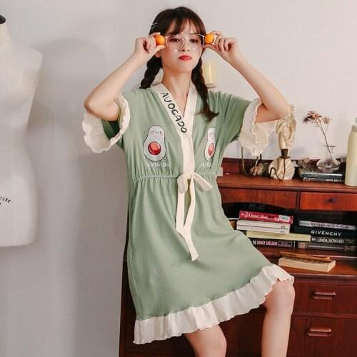 Summer Nightgown Female Japanese Style Kimono Pure Cotton Lace-up Mid-length Pajamas Skirt Summer Thin Sweet Quality jia ju qun