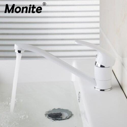Monite White Painting Bathroom 1 Handle Deck Mount Swivel 360 Faucet Lavatory Chrome Brass Water Sink Kitchen Tap Mixer Faucet