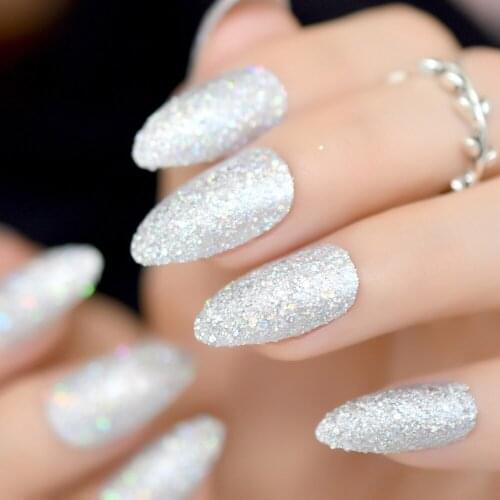 24pcs Almond Atificial Nail Art Kit Silver Glitter Nail Accessories Medium Full Cover for Women Hot Sale Acrylic Fake Nail Z876
