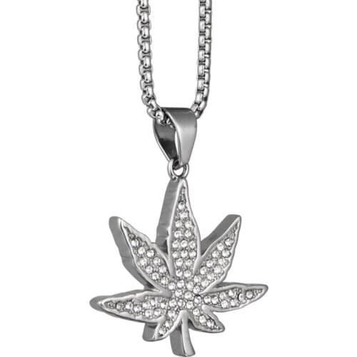 Titanium Steel Men Jewelry Iced Out Rhinestone Weed Pendant Necklace Charms for Jewelry Making Golden Silver Color Hip Hop