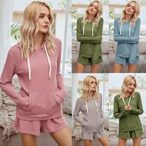 Casual Home Women 2pcs Set Spring Autumn Knitted Blend Loose Hooded Pullover Elasticated Shorts Solid Color Sweatshirts Suit