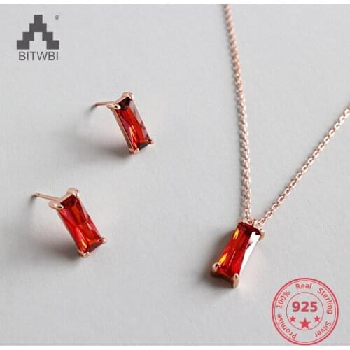 S925 Sterling Silver Simple Red Square Zircon Earrings Short Clavicle Necklace Chain Decoration