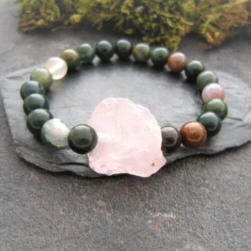 Raw Rose Q-uartz Charm Bracelet For Women Natural Indian A-gate Beaded Bracelet Healing Bracelets Chakra Jewelry Gift For Friend