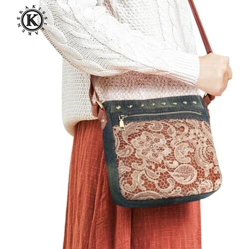 Retro Fashion Floral Lace Women Messenger Bags Denim Womens Shoulder Bags Jeans Cross-body Pouch Women Purse Bag