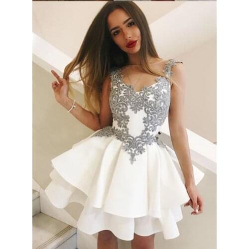 Romantic A Line Homecoming Lace Appliques White Short Sheer Neck Prom Dress Graduation Dresses Custom Made