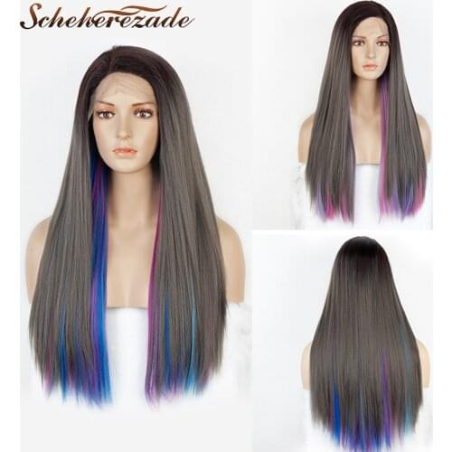 Scheherezade Long Straight Wig Highlight Mix Color Pink Blue Gray Wigs For Women Synthetic Lace Front Wigs Heat Resistant T Part