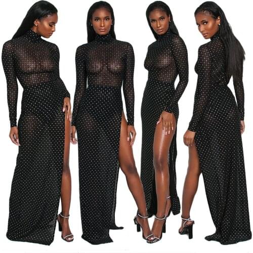 Sexy Plaid Mesh High Split Party Dress Women Long Sleeve Wedding Night Club Wear See Through Bride Evening Prom Maxi Dresses