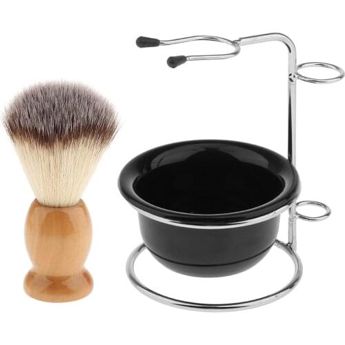 Bathroom Men Wood Shaving Brush Stainless Steel Stand Acrylic Bowl Set
