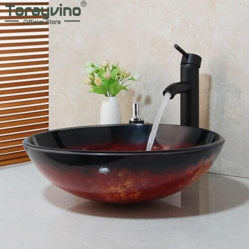 Torayvino US Hand Painted Glass Basin Sink Countertop Basin Sink Faucet Set Washbasin Sink Round Bowl & ORB Bathroom Faucet