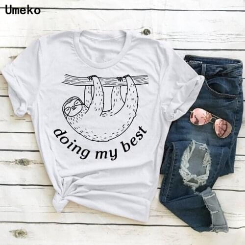 Umeko 2020 Summer doing my best Sloth Print T Shirt for Women Round Neck Short Sleeve Tees Tops Burgundy Casual Tshirt Plus Size
