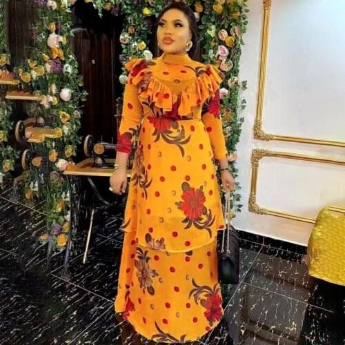 Plus Size Women Clothing Two Piece Set African Print Dashiki Boubou Long Sleeve Chiffon Gown With Sling Dress Djellaba Woman