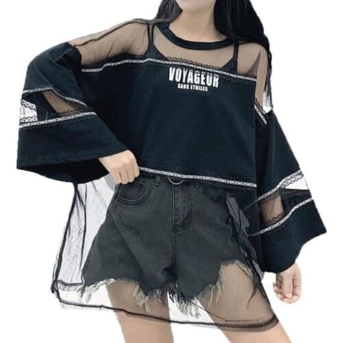 2021 Summer Street Fashion Oversize See Through T Shirt Top Woman Korean Style Harajuku Mesh Perspective T-shirt Hip Hop Clothes