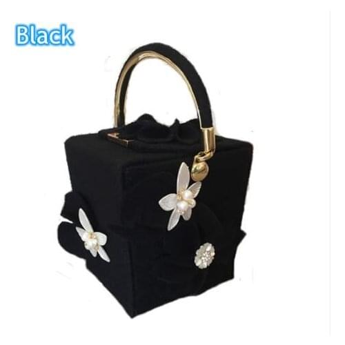 Women Woolen Bucket Bag Pearl Flower Totes Casual Ladies Fashion Chain Evening Floral Box Handbag