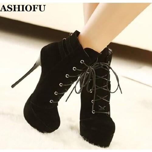 ASHIOFU Handmade Womens High Heel Boots Faux-suede Party Prom Lace-up Ankle Boots Platform Winter Daily Wear Fashion Boots Shoes