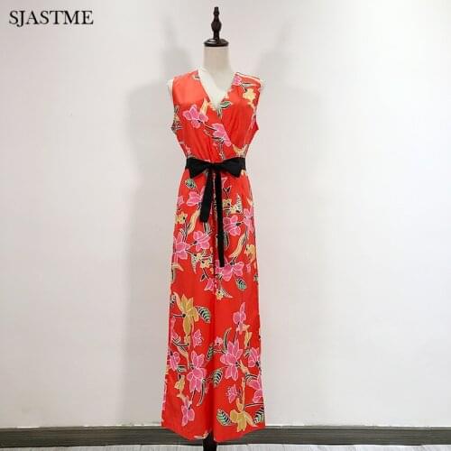 SJASTME Women red flower print long jumpsuit summer slim waist bow Sleeveless v neck back zipper female casual Jumpsuit L-758