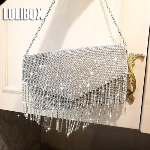 Bling Rhinestone Fringe Women Clutches Bag Silver Crystal Flap Cover Envelope Bag Night Club Bride Wedding Chain Evening Bags