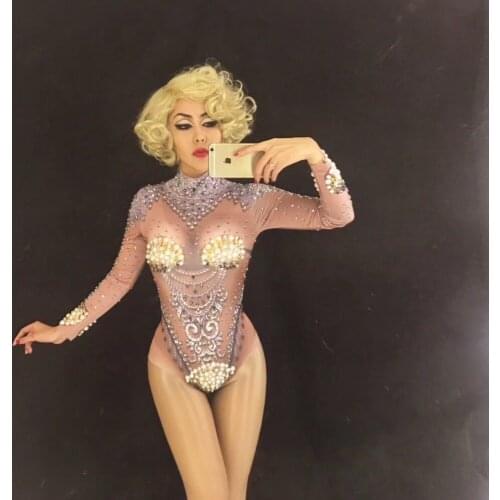 2 Style Nightclub Stage Costume DJ DS Singers Jumpsuit Sparkling Crystals Bodysuit Bling Womens Outfit Birthday Celebrate