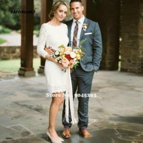 2020 Long Sleeve Short Wedding Dress Lace Elegant Sheath Romantic Corto Bridal Gowns Vestido De Novia Undefined Online Shop