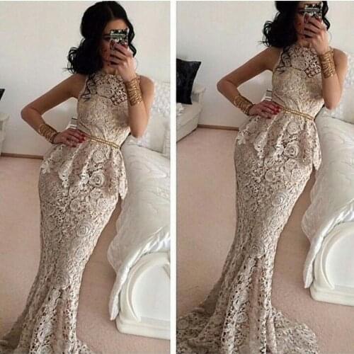 Vestidos largos de fiesta Sexy O-neck Full Lace Mermaid Prom Dresses 2020 Sweep Train Trumpet Evening Dress For Women