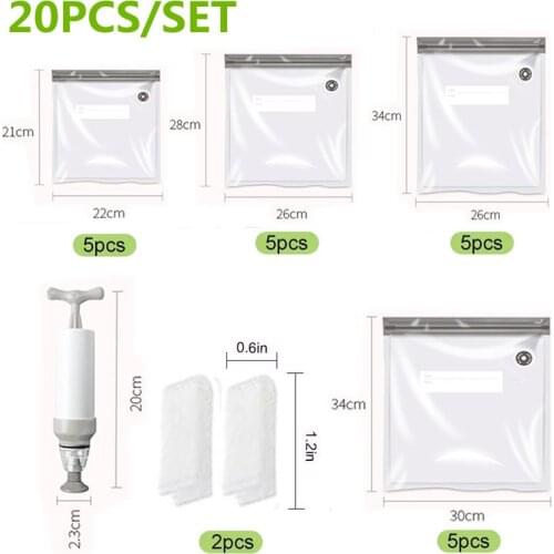 20Pcs/Lot Reusable Vacuum Zipper Bags With Hand Pump,Food Freezing Storage Seal Bags Set Ziplock Sealing Clips Fruit Fresh Bag