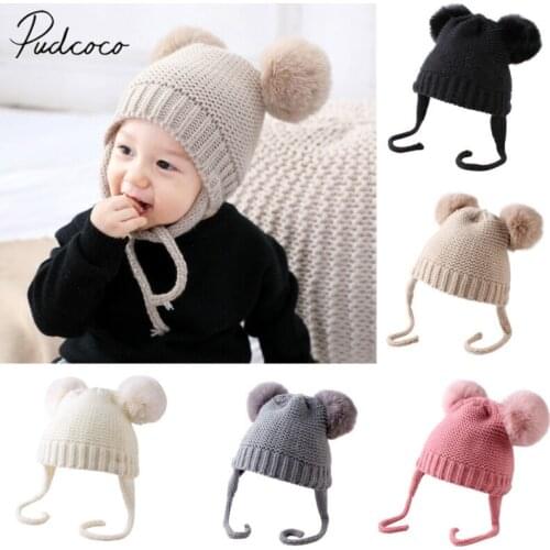 2019 Baby Stuff Accessories Cute Winter Warm Kids Girls Boys Baby Solid Hats Knitted Wool Hemming Caps With Fuzzy Ball