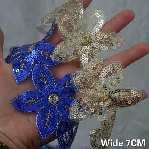 7CM Wide Blue Golden Exquisite Glitter Sequins Embroidered Flowers Lace Applique Ribbon Organza Beaded Trim DIY Sewing Supplies