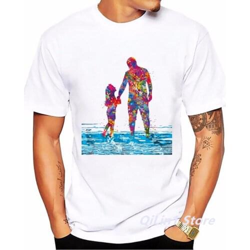 Watercolor Super Dad And Daughter Swimming Print Tshirt Men Summer Fashion Tops Tee Shirt Homme Short Sleeve Harajuku T-Shirt