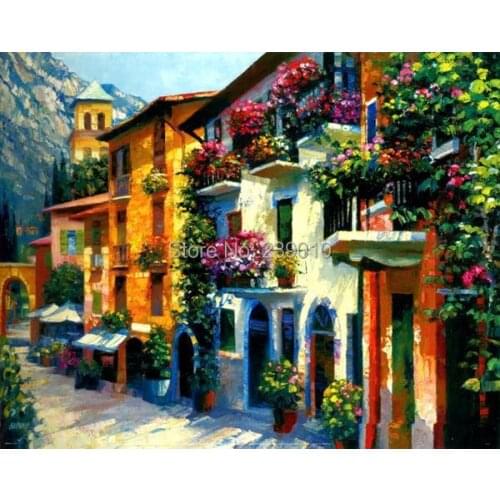 Free shipping mediterranean building landscape canvas print oil painting hotel decoration picture