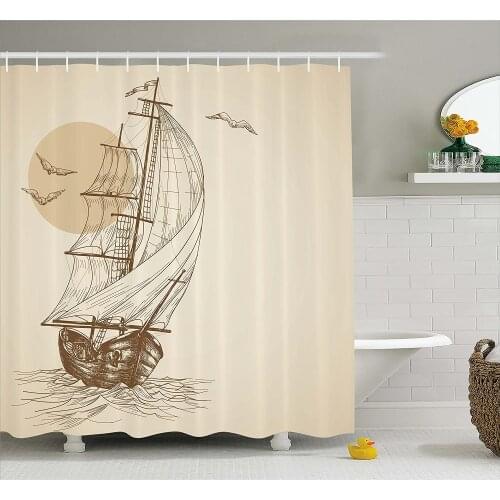 Beige Shower Curtain Love Sailor Old Wooden Sailboat on Ocean Waves with Marine Seabirds Seagulls at Sunset Scenery Bathroom