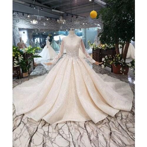 BGW HT5617 Dubai Luxury Wedding Dress With Long Sleeve High Neck Beads Lace Up Back Luxury Ball Gown Wedding Gown With Train