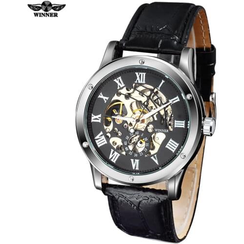 TWINNER fashion casual men mechanical watches leather strap hot mens automatic skeleton black watches male clock reloj hombre