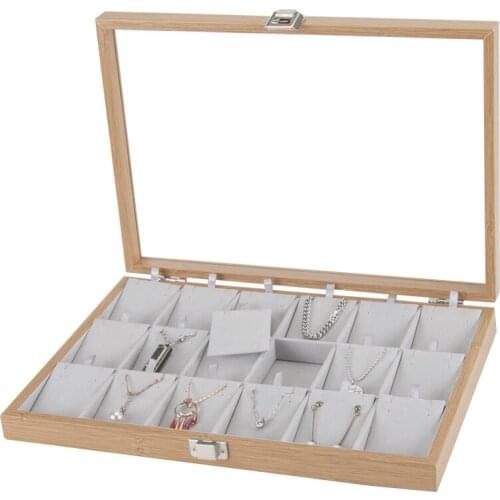Wooden 18 Grid Pendant Necklace Earrings Jewelry Storage Display Box Large Window Pearl Treasure Box Storage Case Organizer